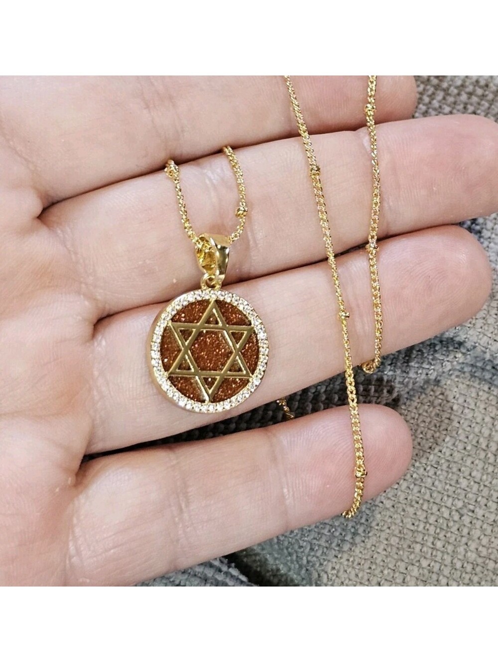 Orange Sandstone Magen David Star Pendant Necklace Gold-plated Gemstone CZ